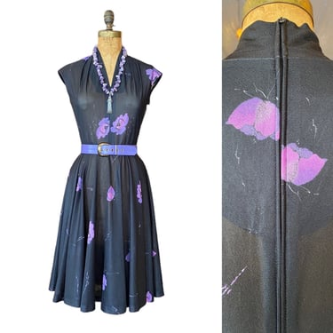 1970s dress, fit and flare, vintage 70s dress, full skirt, black and purple, cap sleeve, s/m, 70s does 50s, poly 