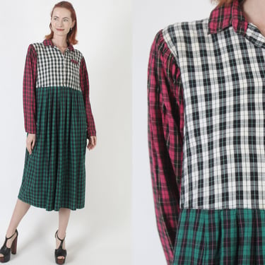 Colorblock Plaid India Dress, 80s Button Up Grunge Outfit, Loose Bitting Baggy Flannel Style, Vintage Patchwork Festival Frock 