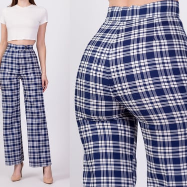 70s Blue Plaid High Waisted Pants - Extra Small, 24.5" | Vintage Straight Leg Retro Trousers 