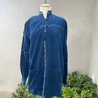Vintage boho tunic top blue cotton denim embroidered trim pockets unisex Wm XL men Lg 