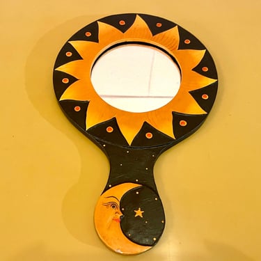 Vintage 1990s Celestial Sun Handheld Mirror Makeup Vanity Boudoir Mirror 