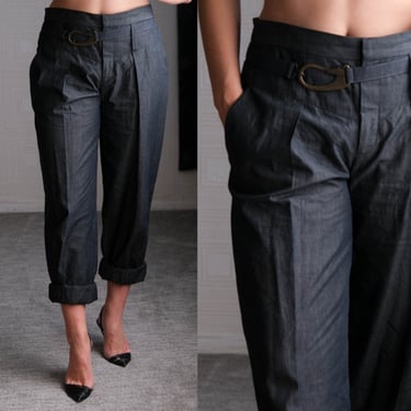 STELLA McCARTNEY Charcoal Low Hopsack Rolled Cuff Pants w/ Italian Leather Carabiner Belt | 100% Cotton | Y2K 2000s Designer Womens Slacks 