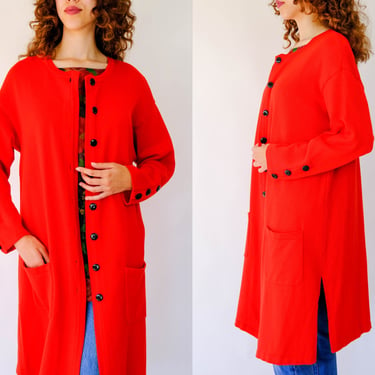 Vintage 90s Escada Red Wool Knit Cardigan Duster w/ Large Black Buttons | Made in Germany | 100% Wool | 1990s Designer Minimalist Sweater 