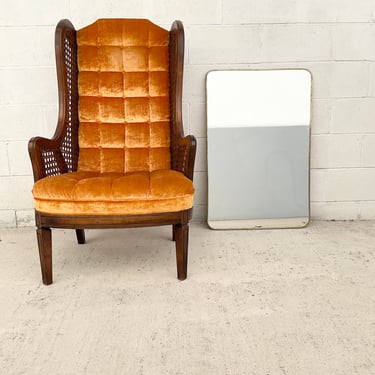 High back Wood And Cane Armchair With Orange Tufted Velour Upholstery