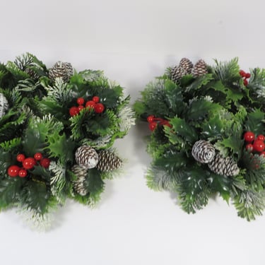 Vintage Plastic Holly, Pine Cones and Red Berries Candle Rings - 2 Vintage Holly Candle Rings 