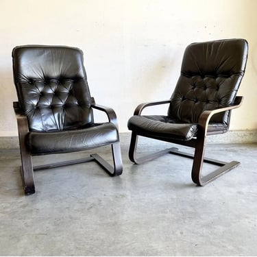 Mid Century Modern Black Leather & Bentwood Chairs MCM Vintage