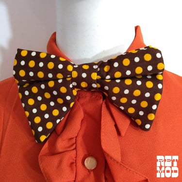 Iconic Vintage 70s Brown, Yellow & White Polka Dot Oversized Adjustable Bow Tie 