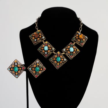 Glorious 1950's Filigree Multi Colored Stone Necklace & Earring Set