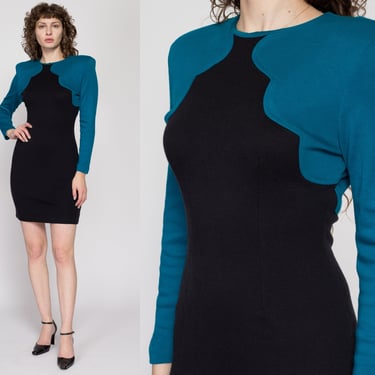 Medium 80s Black & Blue Color Block Bodycon Sweater Dress | Retro Vintage Long Sleeve Fitted New Wave Mini Dress 