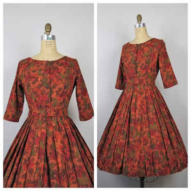 Vintage 1950s rose print dress, fall colors, fit and flare, floral, cotton, full skirt, rhinestone buttons, size small 