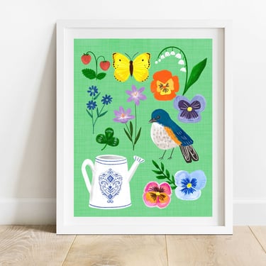 Spring Collage 8 X 10 Art Print/ Birds Flowers Watering Can Illustration/ Gardening Wall Decor/ Botanical Wall Art 