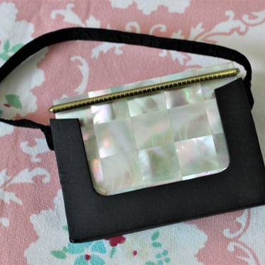 Vintage NOS 1950s Mother of Pearl MOP New Old Stock Compact Purse with Black Rayon Slide Pouch Handle Evening Bag / Lipstick Blush 