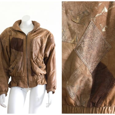 1980s/1990s Brown Patchwork Leather and Suede Bomber Jacket 