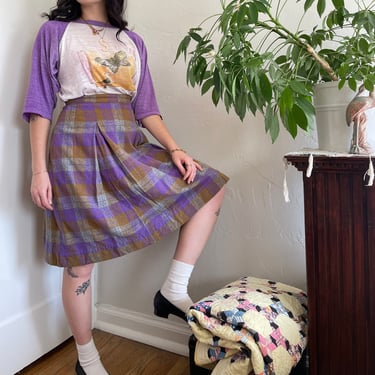 1960s Purple Plaid Knee-Length Skirt size Small Medium 