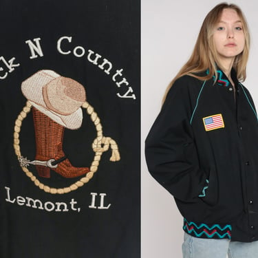 80s Uniform Jacket -- Rock N Country Jacket Lemont Illinois Cowboy Jacket Baseball Bomber Snap Up Black Aztec 1980s Vintage Large xl 