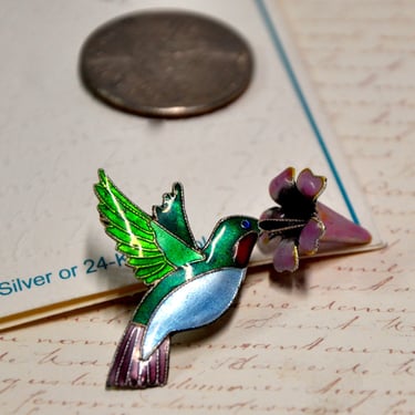 Designer Hummingbird On Flower Enamel over 925 Sterling Silver Brooch Gift for Her Rare Signed Zarah NOS Vintage 1970s Mint Condition 