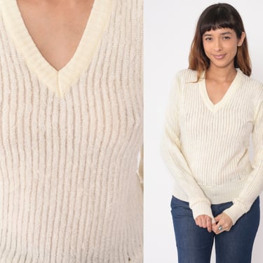 Terry Cloth Sweater 70s 80s Cream V Neck Pullover Jumper 1970s Plain Ribbed Slouchy Vintage Retro Stranger Things 1980s Small xs 