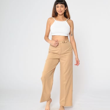 70s Straight Leg Pants Tan Buckle Waist Trousers Boho Preppy Trousers 1970s High Rise Waist Vintage Seventies Creased Medium 