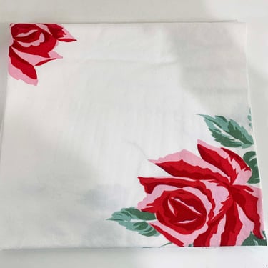 Vintage Floral Tablecloth Flower Mid-Century Rectangle Square Table Cloth Dining Room Large Pink Red Rose Hardy Craft Linen 1950s 