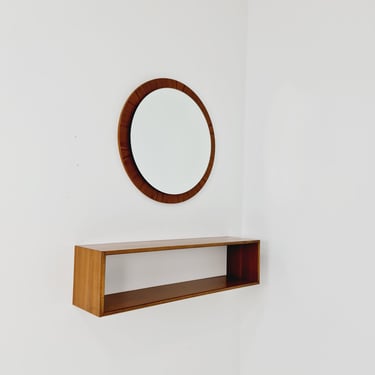 Mid Century walnut German Mirror with walnut shelf, 60s 