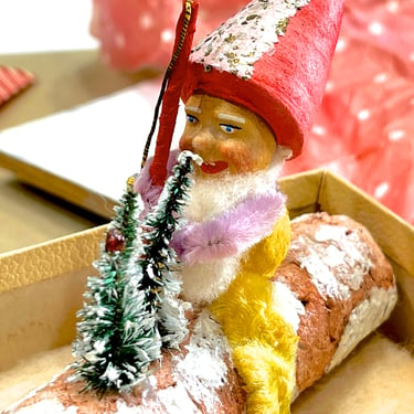 VINTAGE: 1950s - Elf on Log Christmas Ornament - Holidays - Mad in Japan - Rare PIXIE - SKU 15-C1-00034522 