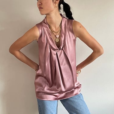 Y2K silk charmeuse sleeveless blouse / vintage blush ballet pink liquid silk charmeuse scoop draped neck pleated relaxed tank blouse | M 