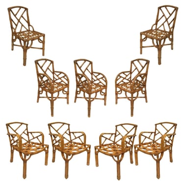 Vintage set of 9 Original Paul Frankl Rattan Dining Side and Armchairs 