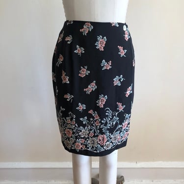 Black and Pink Floral Placement Print Wrap Mini Skirt - 1990s 