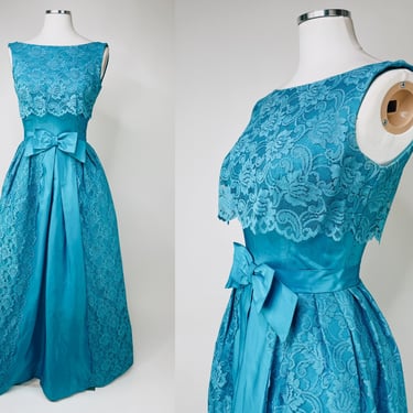 1960s Bright Blue Lace & Taffeta Bridesmaid Dress Small | Vintage, Prom, Gown, Party, Formal Event, Princess, Bridal Party, Retro 