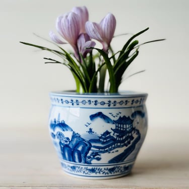 Blue and White Chinoiserie Hand Painted Planter 4 3/4” Tall 