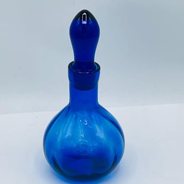 Vintage Cobalt Blue Glass Collectible Bottle -With Stopper Blenko Blue Optic Cobalt Blue Blown Glass Perfume Bottle 6 3/4” 