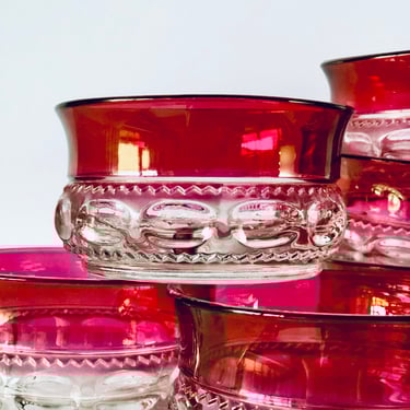 Vintage Sets Tiffin Kings Crown Dessert Bowls Sets, MCM 50s Thumbprint Ruby Red Rim Iridescent, Sorbet Salad Side Bowls, Wedding Glassware 