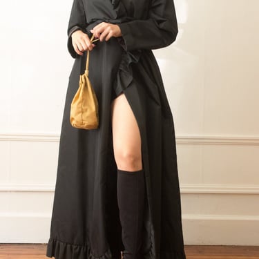 1970s Black Taffeta Ruffled Opera Coat Dress 