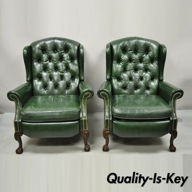 Bradington Young Green Leather Chesterfield Reclining Wingback Chairs - a Pair