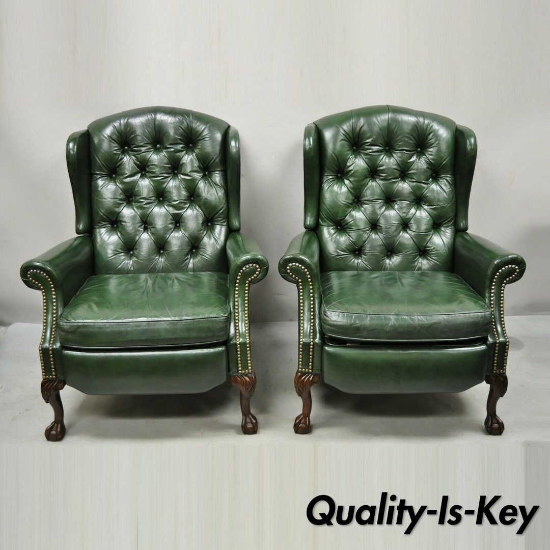 Bradington Young Green Leather Chesterfield Reclining Wingback Chairs