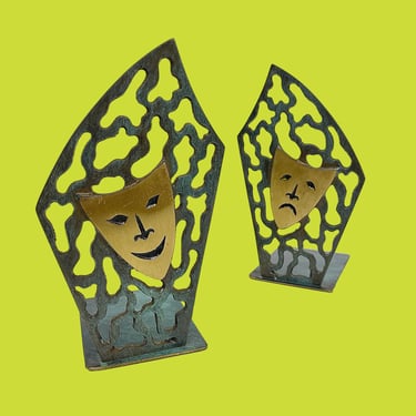 Vintage Bookends Retro 1950s Mid Century Modern + Theater Masks + Comedy and Tragedy + Metal + Green + Gold + Book Storage + MCM Home Decor 