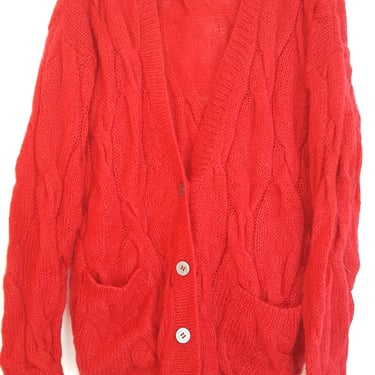 Vintage 90s Mohair Cardigan Sweater Size Medium Red Cable Knit Oversized