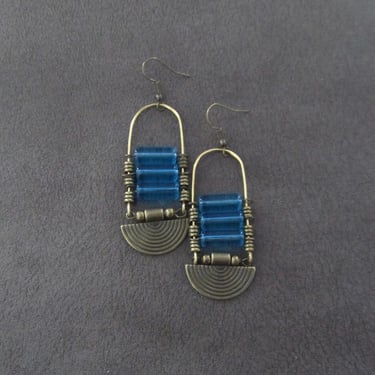 Bronze and glass earrings, blue 