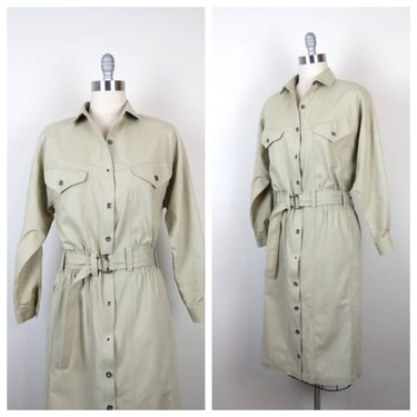 Vintage 1980s cotton shirt dress safari style khaki pockets military academia 