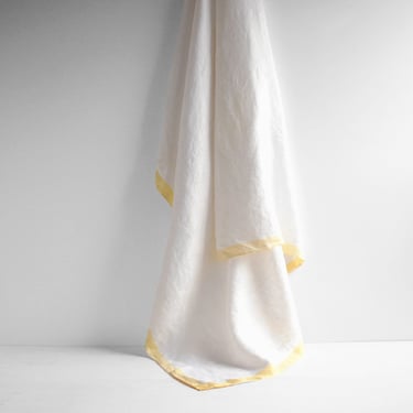 Vintage White Linen Damask Tablecloth with Yellow Border, 52