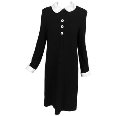 Adolfo Black Knit Mod Dress With White Satin Collar & Cuffs 1970s 12