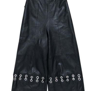 Tibi - Black Leather Wide Leg Pants w/ Silver Detail Sz 0