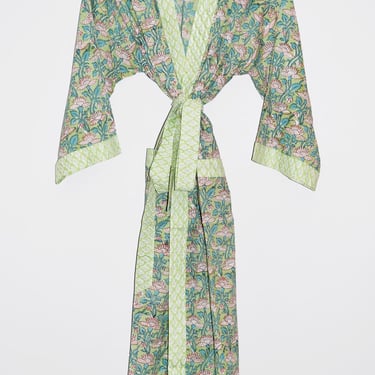 Hand Block Print Kimono Robe, Cotton Bathrobe, Lightweight Cotton Robe, Cotton Dressing Gown, Wood Block Printed, Green Floral Kimono Robe 