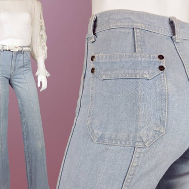 1970s faded GAP jeans. Light wash worn-in mid rise bootcut moderate bells. Hippie boho iconic unique. (28 x 32 slim) 