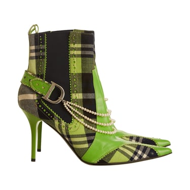 Dior Green Plaid Pearl Ankle Boots