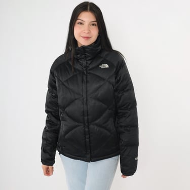 The North Face Black Puffer Jacket Quilted Goose Down 550 Coat Shiny Ski Zip Up Women's Medium 