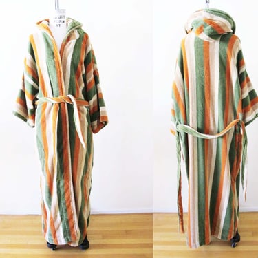 Vintage 70s Striped Terrycloth Robe OS Tall - 1970s Orange Avocado Tan Long Hooded Pool Beach Lounge Robe - Cabana Boho 