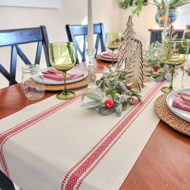 Ivory Christmas Table Runner, Scandinavian Christmas Runner, Red Striped Table Runner 