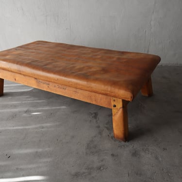 Vintage Leather and Wood Gym Bench Daybed 