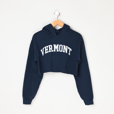 Vintage Y2k Vermont Cropped Hoodie - crop top sweatshirt, navy blue, college lettering - Women's M 